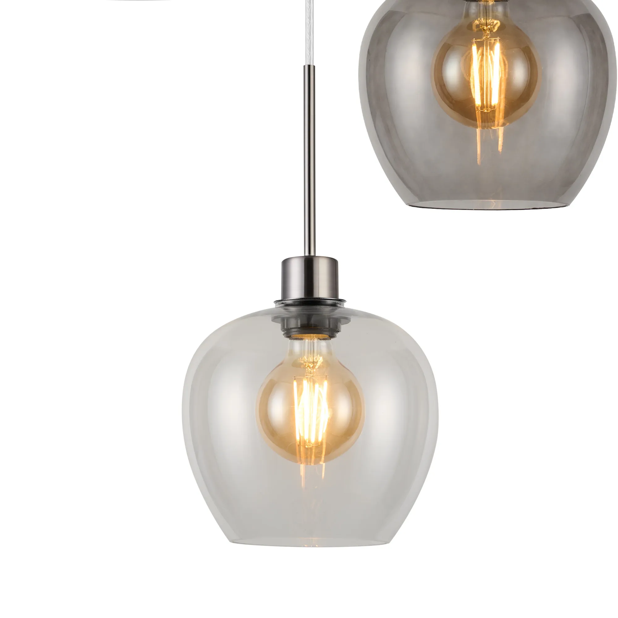 Lori 40cm Round Pendant, 3 Light Adjustable E27, Satin Nickel/Clear/Smoke Wine Shades DK1372  Deco Lori Satin Nickel